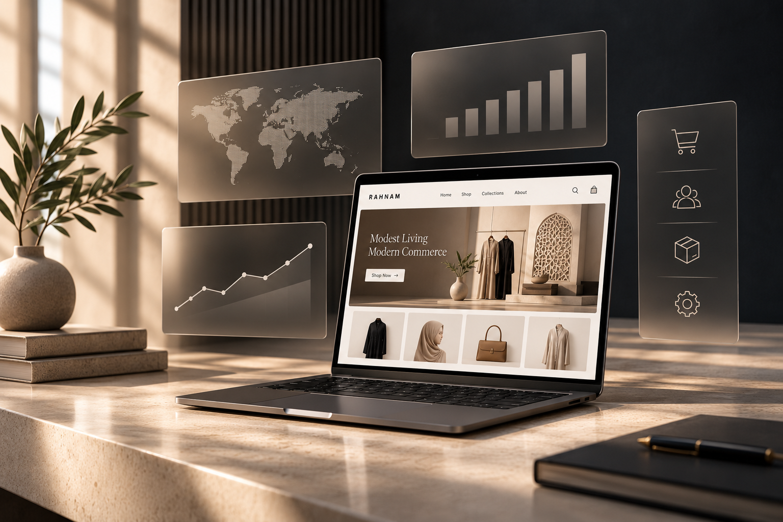 Ecommerce workspace with a digital storefront, international market map and performance dashboards.